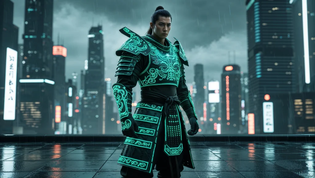 A futuristic samurai in glowing armor stands on a rooftop at night, overlooking a neon-lit cyberpunk city skyline.
